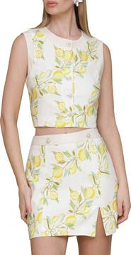 Avec Les Filles Lemon Print Linen Blend Crop Vest