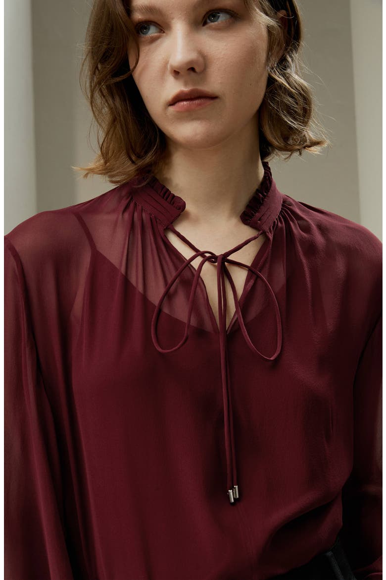 Tie Front Drawstring Georgette Blouse, Alternate, color, Oxblood