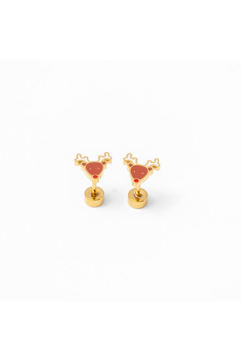 Girls' Reindeer Flatback Stud Hypoallergenic Earrings, Main, color, Brown
