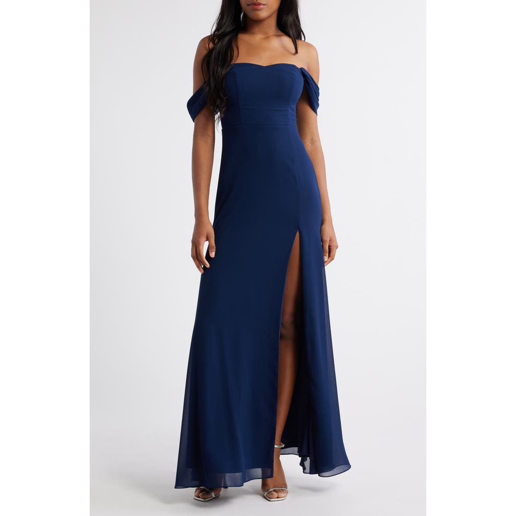 Lulus Off The Shoulder Chiffon Gown In Navy Blue