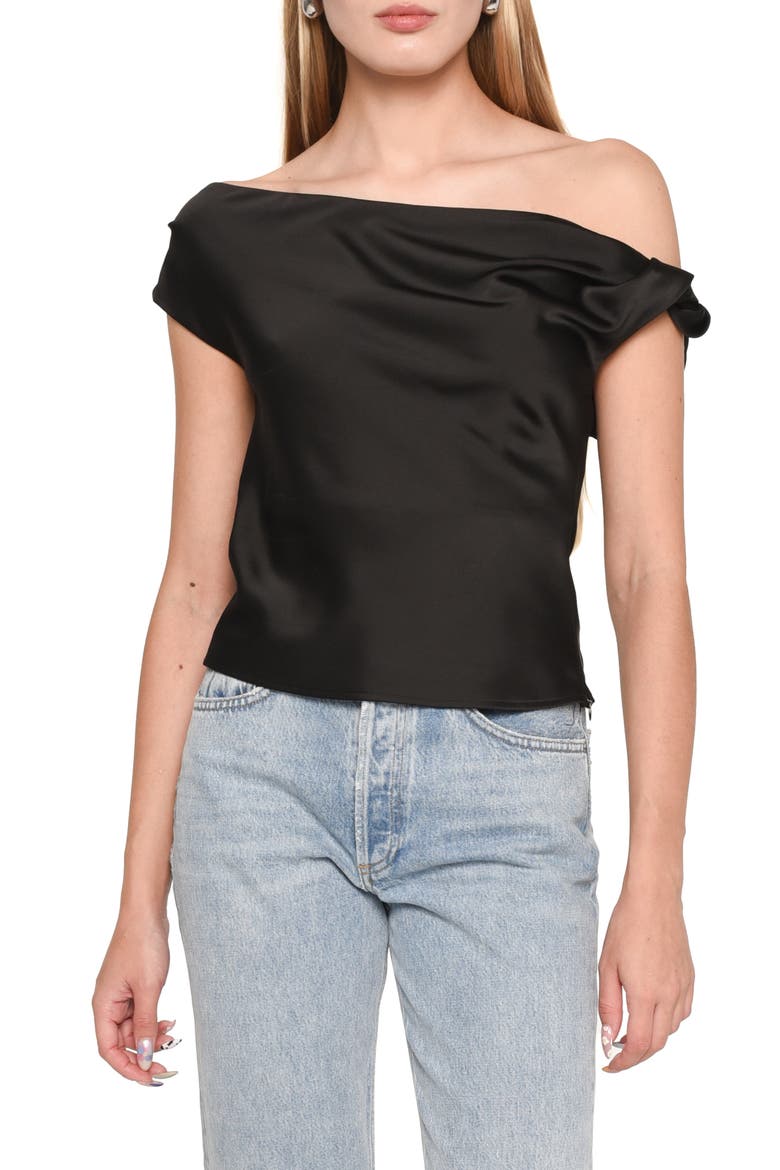 Twist One-Shoulder Satin Blouse, Main, color, BLACK