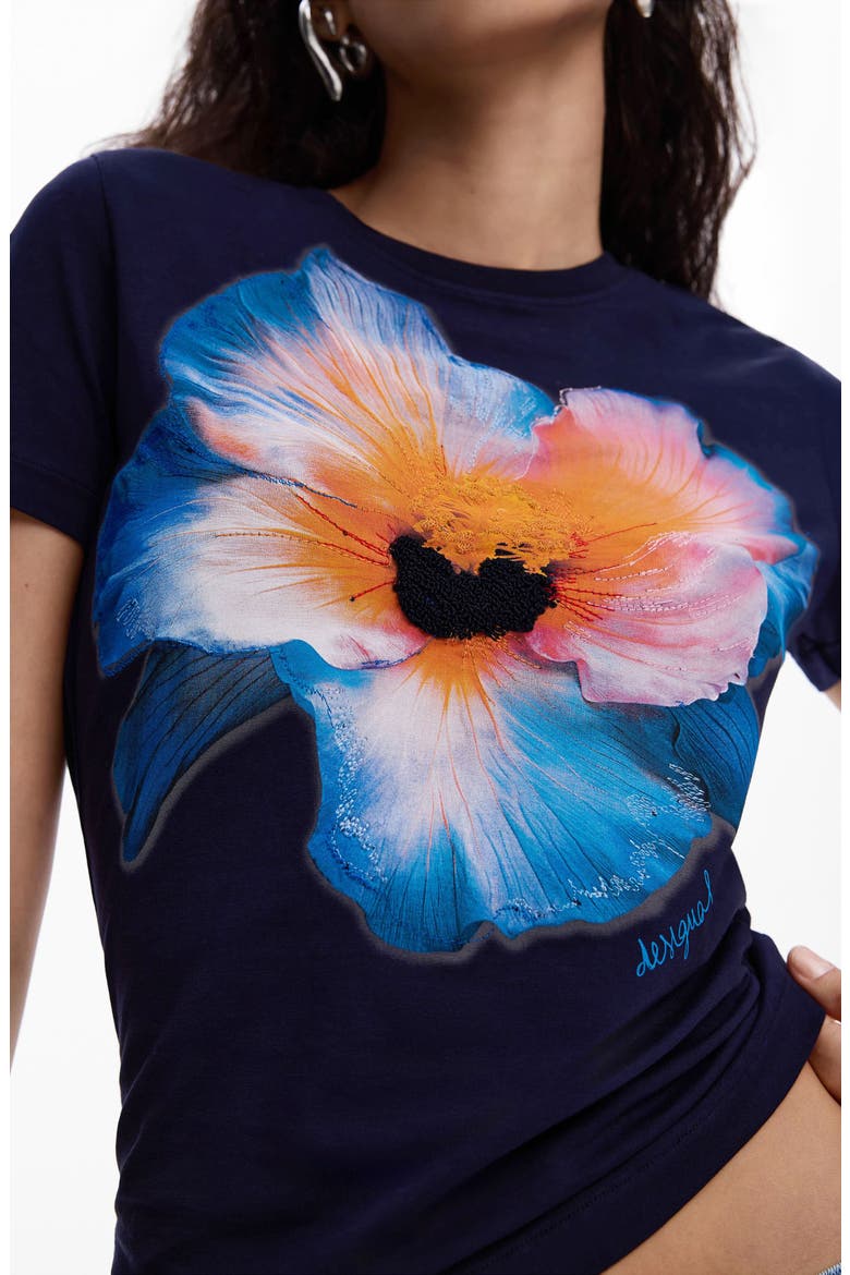 Embroidered Pansy Cotton Graphic T-Shirt, Alternate, color, NAVY BLUE
