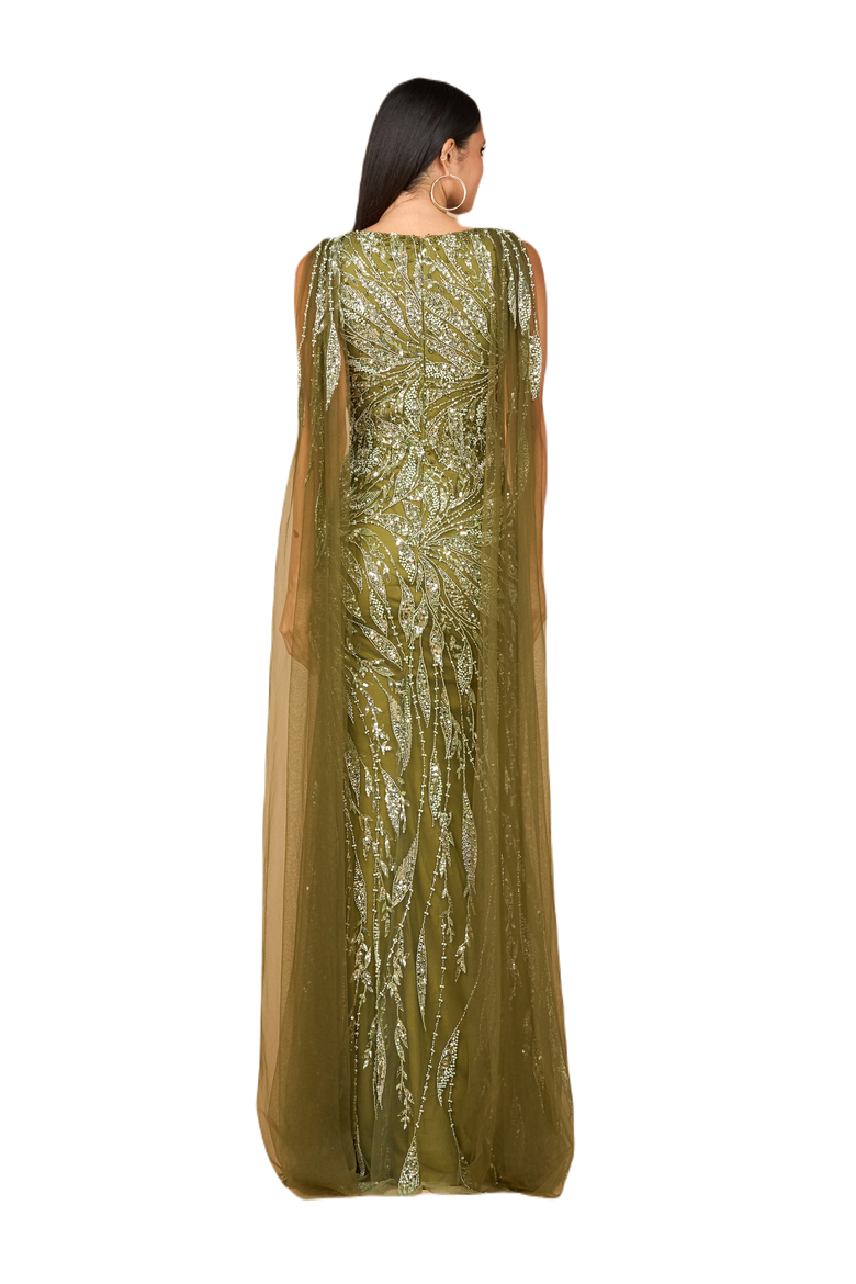 V-Neck Gown with Long Cape Sleeves, Alternate, color, Olive