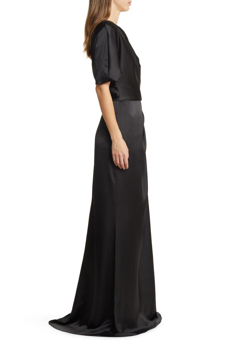 Gathered One-Shoulder Satin Gown, Alternate, color, BLACK