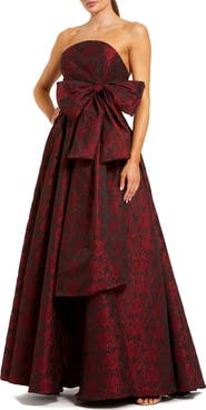 Mac Duggal Strapless Floral Brocade Evening Gown with Bow Detail