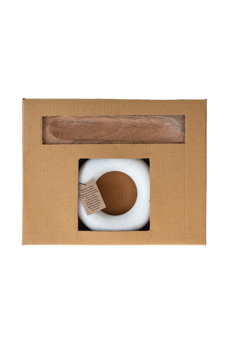 Mango Wood Mortar with Marble Ring Shaped Pestle, Natural and White, Alternate, color, Natural