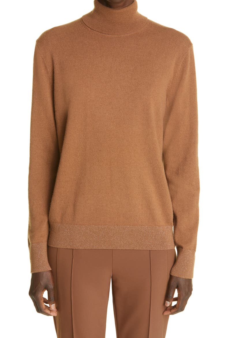 148 New York Metallic Trim Cashmere Turtleneck Sweater, Main, color, TOFFEE