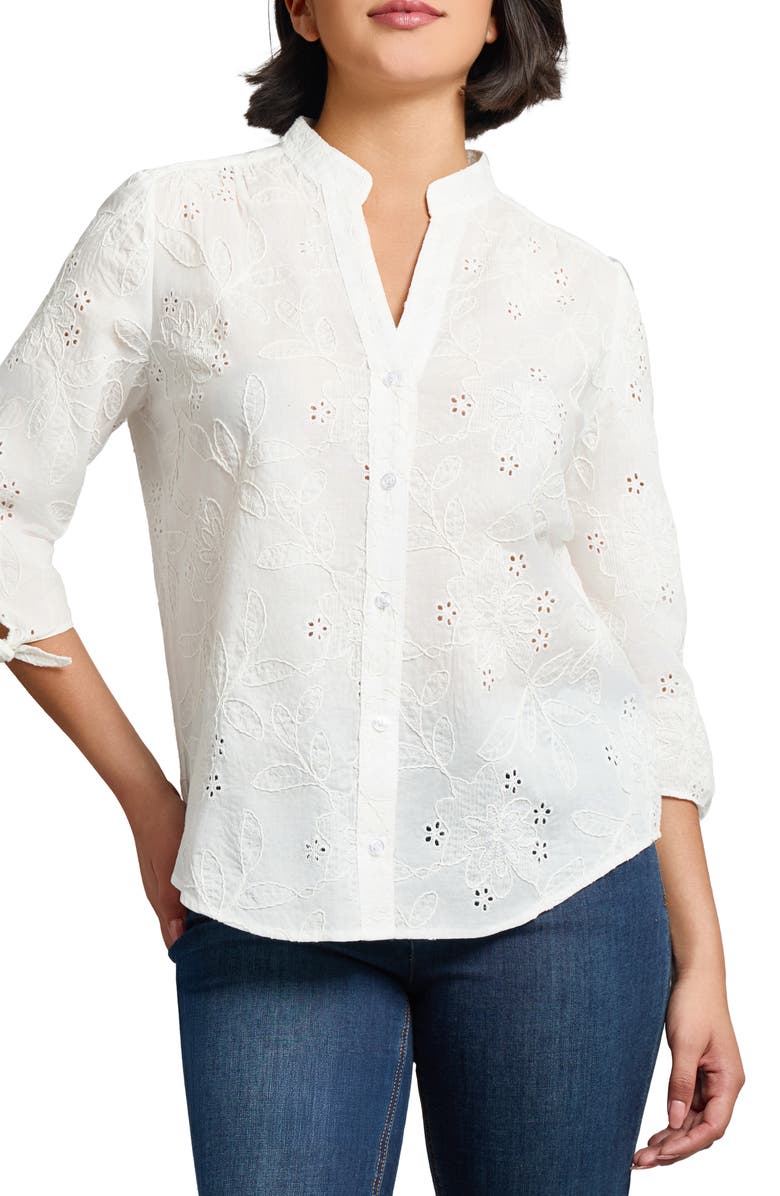 Jones New York Eyelet Embroidered Cotton Button-Up Top, Main, color, 