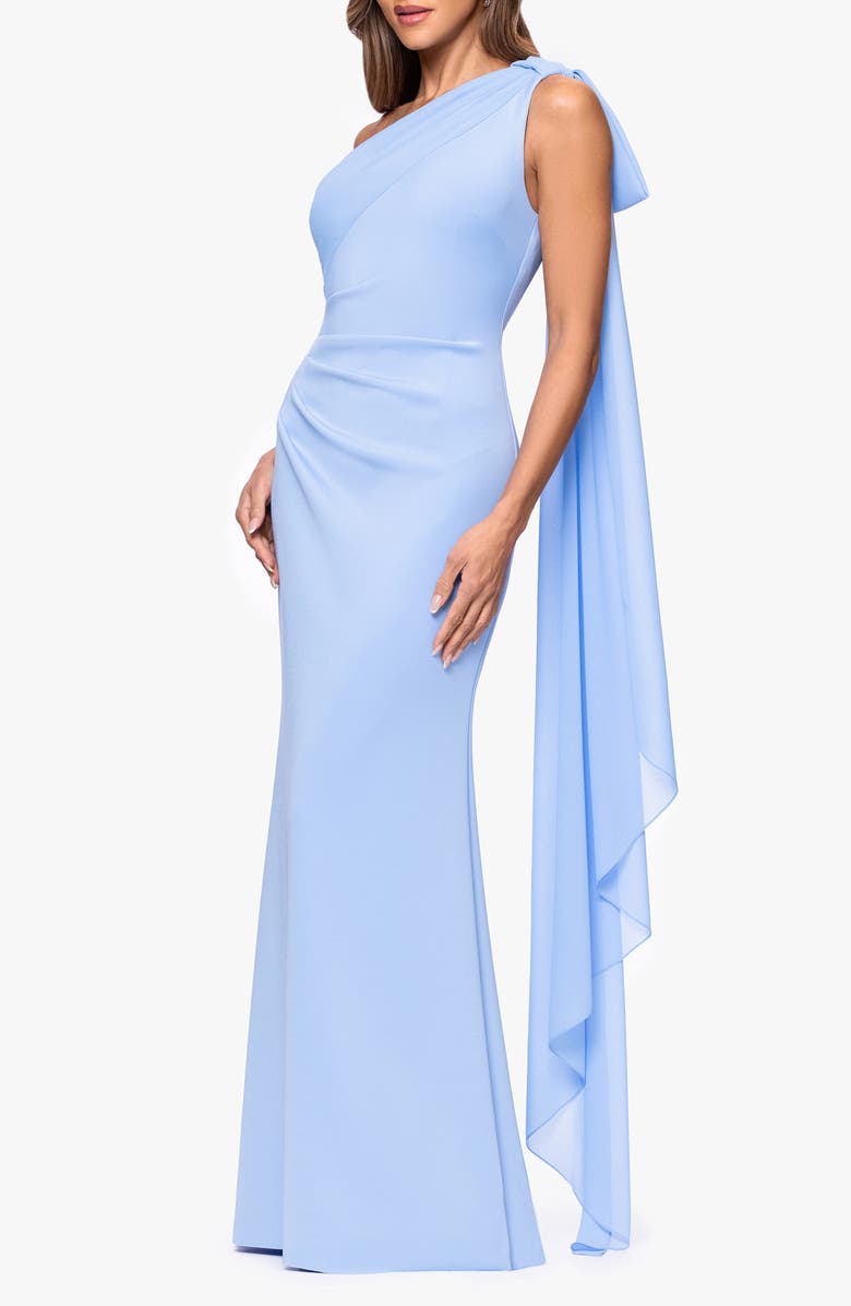 Xscape Evenings Sash Detail One-Shoulder Scuba Crepe Sheath Gown, Alternate, color,