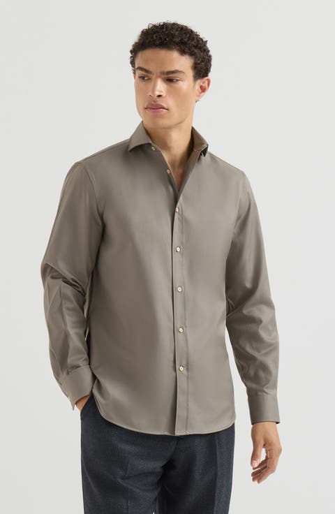 Garment-dyed twill  shirt with spread collar