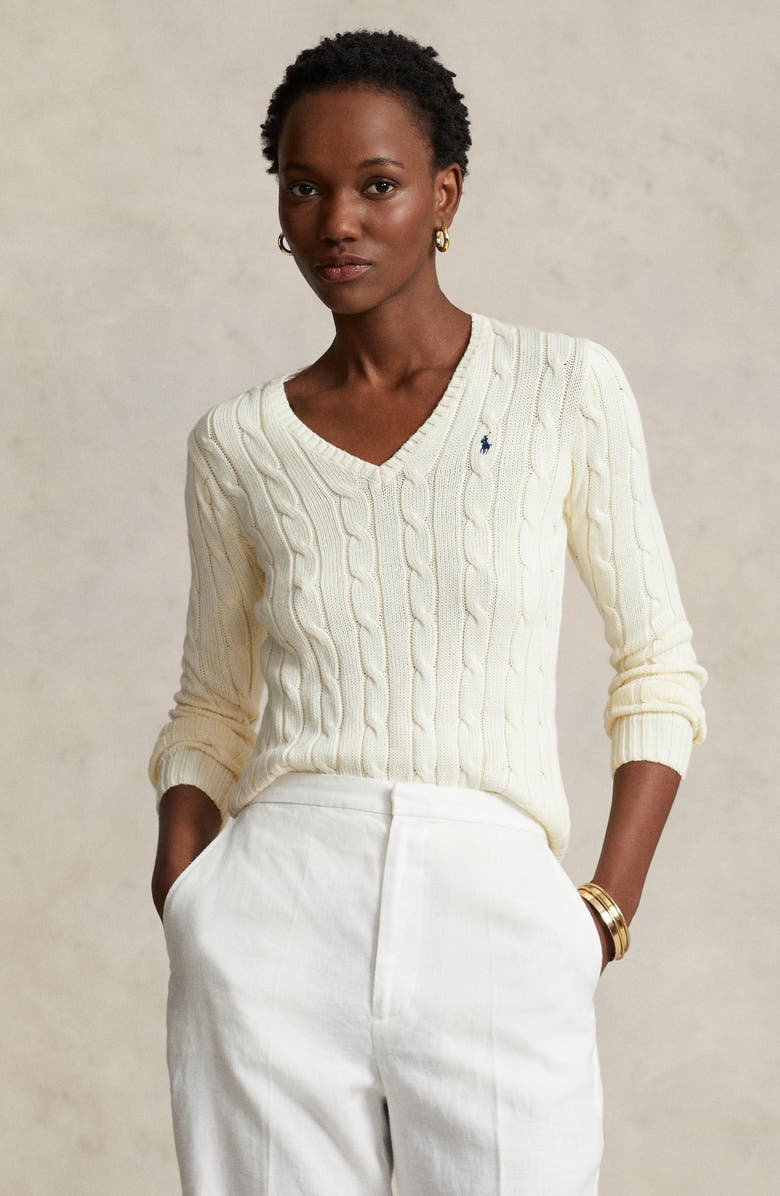 Polo Ralph Lauren Cable Cotton V-Neck Sweater, Alternate, color,