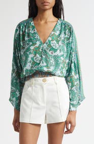 Ramy Brook Trisha Paisley Deep V-Neck Top