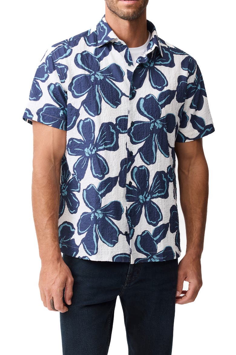 Hamilton Bay Weekend Fit Floral Short Sleeve Stretch Seersucker Button-Up Shirt, Main, color, INK