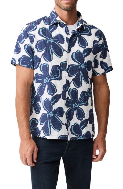 Hamilton Bay Weekend Fit Floral Short Sleeve Stretch Seersucker Button-Up Shirt