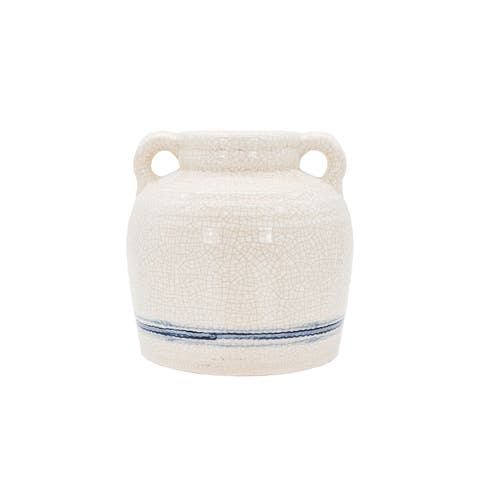 Vintage Crackle Vase with Handles Blue Stripe Stoneware