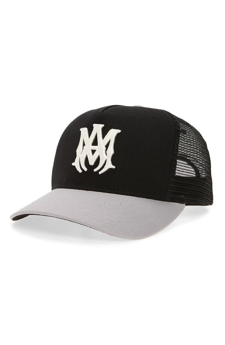 AMIRI MA Outline Embroidered Canvas Trucker Hat, Main, color, Black