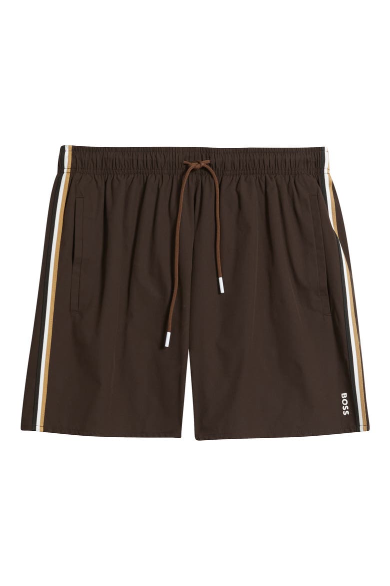 Iconic Side Stripe Swim Trunks, Alternate, color, DARK BROWN