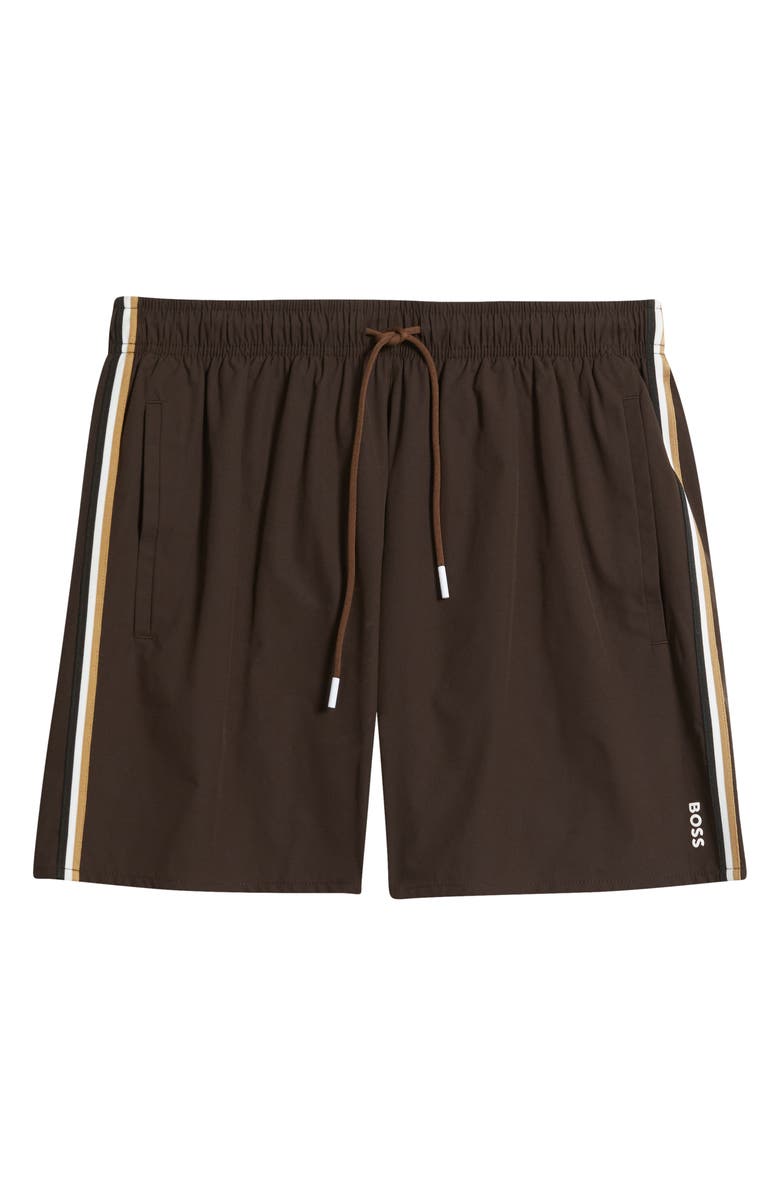 BOSS Iconic Side Stripe Swim Trunks, Alternate, color, Dark Brown