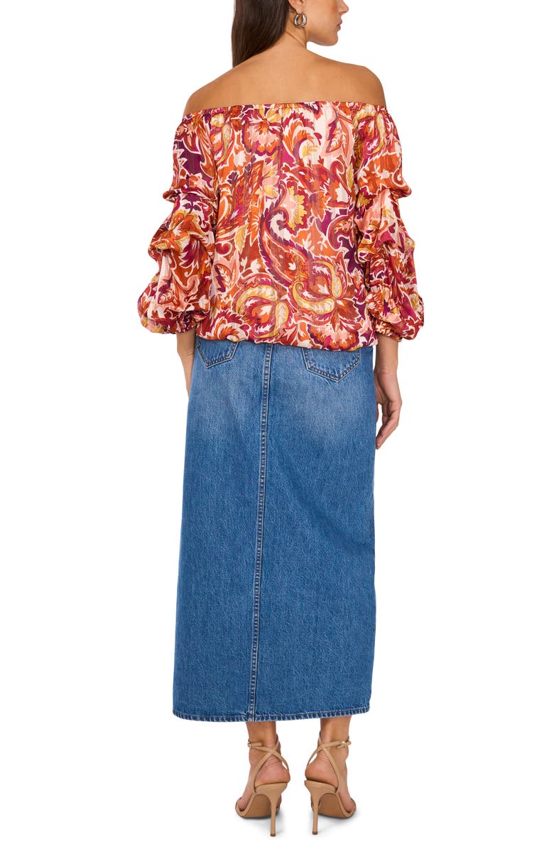 Vince Camuto Paisley Off the Shoulder Bubble Sleeve Top, Alternate, color, Wine