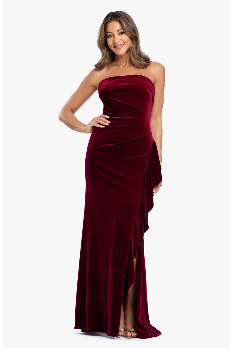 Strapless Ruffle Stretch Velvet Gown, Alternate, color, BURGUNDY