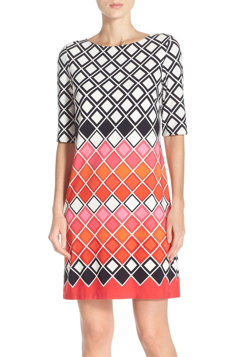 Geometric Print Jersey Shift Dress, Main, color, BLACK/ PINK
