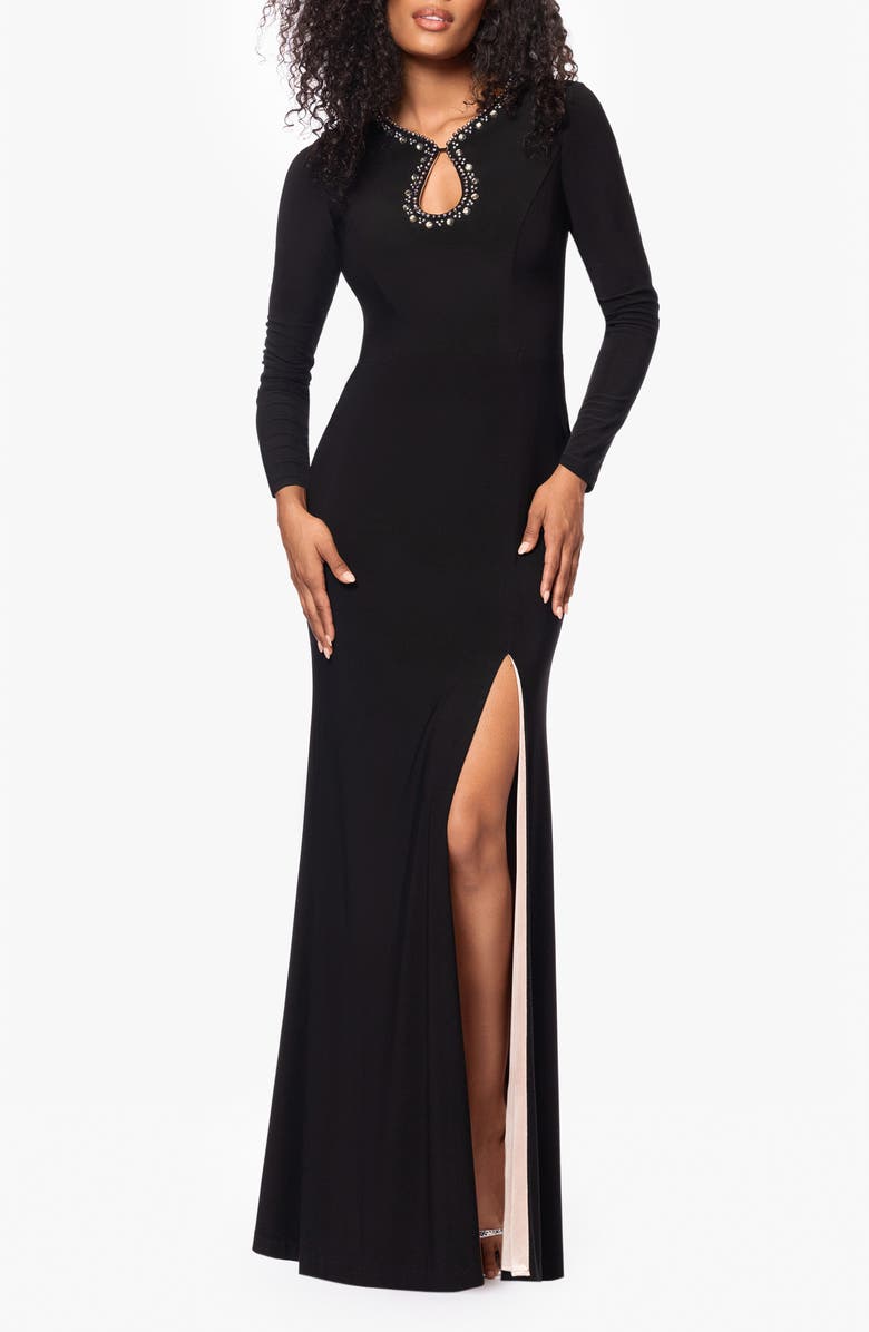 Xscape Evenings Beaded Keyhole Neck Long Sleeve Body-Con Gown, Main, color, 