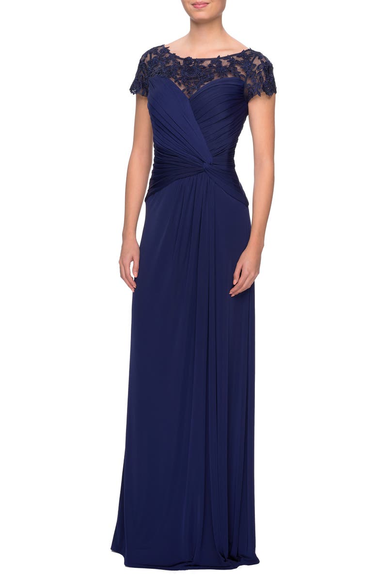 La Femme Illusion Yoke Twist Front Jersey Gown, Main, color, 