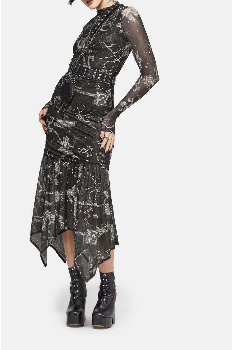 Isolde Medieval Map Mesh Midaxi Dress, Alternate, color, Black
