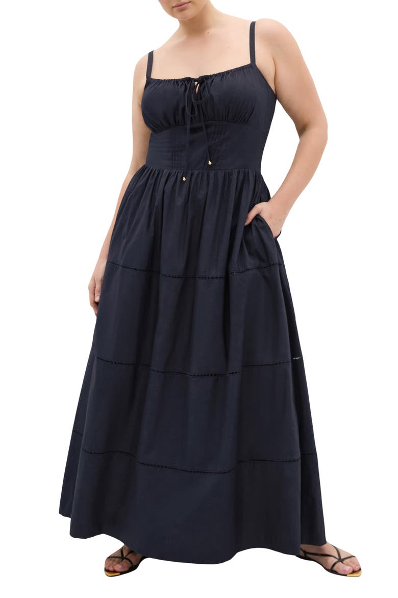 Vani Corset Bodice Cotton Maxi Dress, Main, color, NAVY