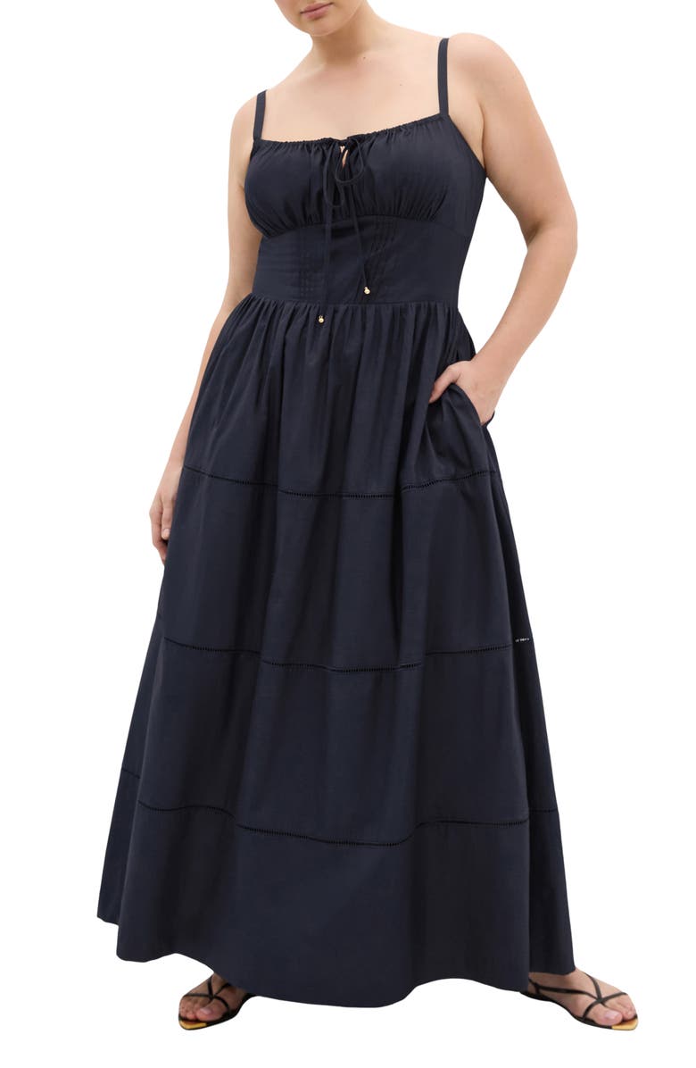 City Chic Vani Corset Bodice Cotton Maxi Dress, Main, color, Navy