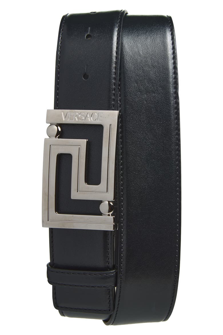 Greca Leather Belt, Main, color, BLACK SILVER