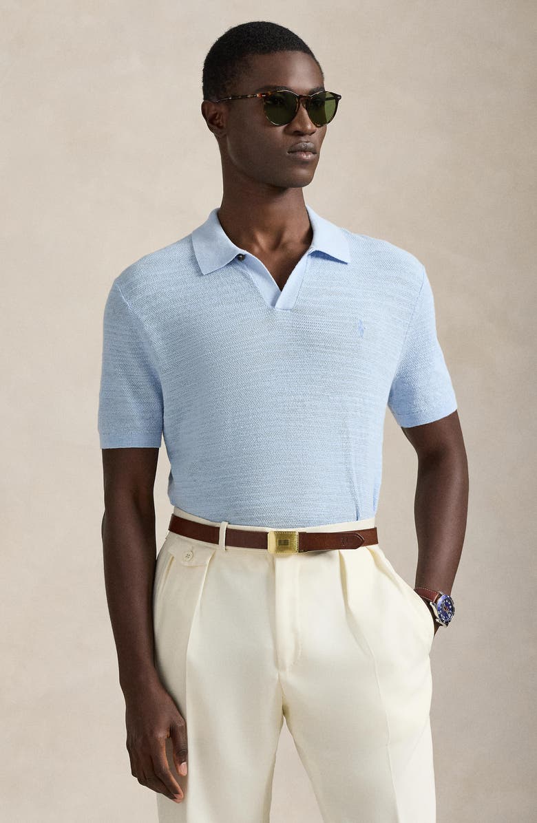 Polo Ralph Lauren Textured Seed Stitch Cotton & Linen Polo, Alternate, color, Office Blue/ Deckwash White