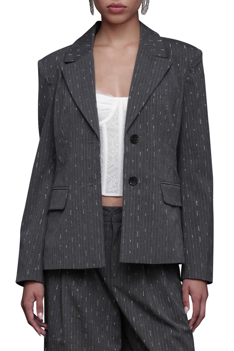 Rhinestone Detail Pinstripe Blazer, Main, color, GREY PINSTRIPE - SILVER