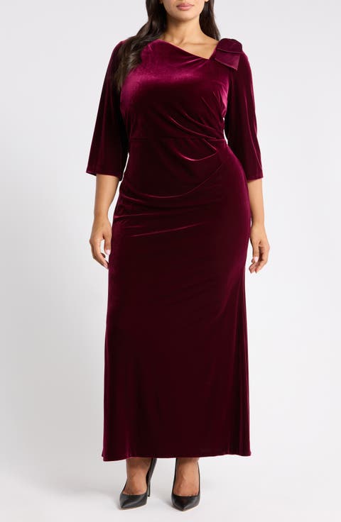 Asymmetrical Neck Bow Velvet Gown