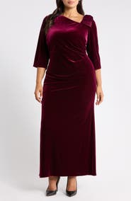 Jessica Howard Asymmetrical Neck Bow Velvet Gown