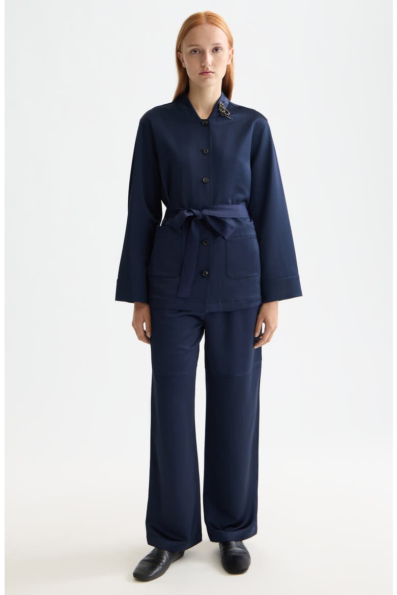 Tie Waist Satin Blazer, Alternate, color, PEACOAT