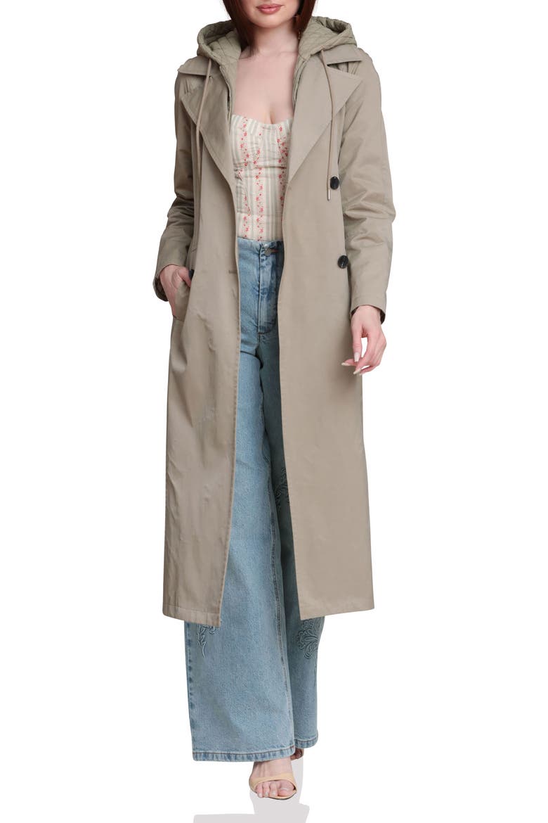 Quilted Hoodie Cotton & Nylon Trench Coat, Main, color, SAGE