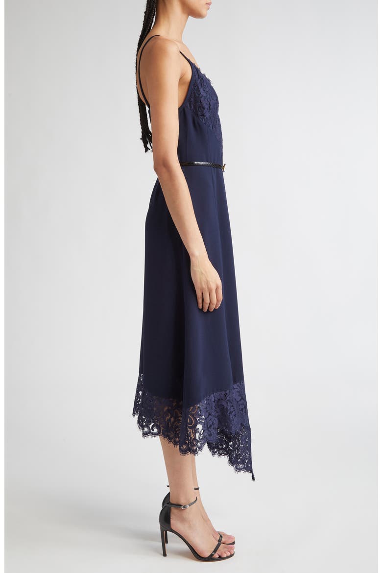 Lace Trim Asymmetric Satin Back Crepe Dress, Alternate, color, MIDNIGHT