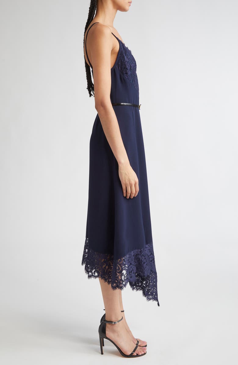 ST. JOHN Lace Trim Asymmetric Satin Back Crepe Dress, Alternate, color, Midnight