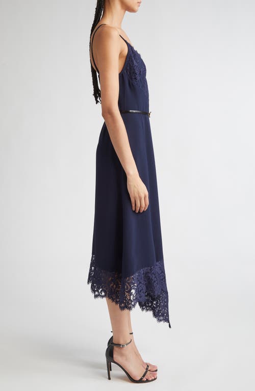 St John St. John Collection Lace Trim Asymmetric Satin Back Crepe Dress In Blue
