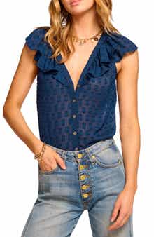 Silvia Clip Dot Ruffle Accent Button-Up Top