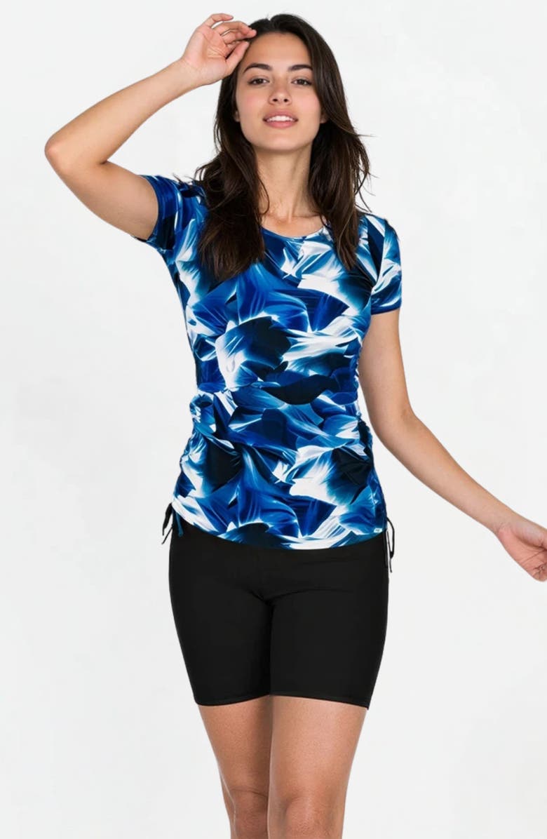 Calypsa Short Sleeve Adele Swim Top and Black Mid-Thigh Swim Shorts Set, Main, color, Navy Wave