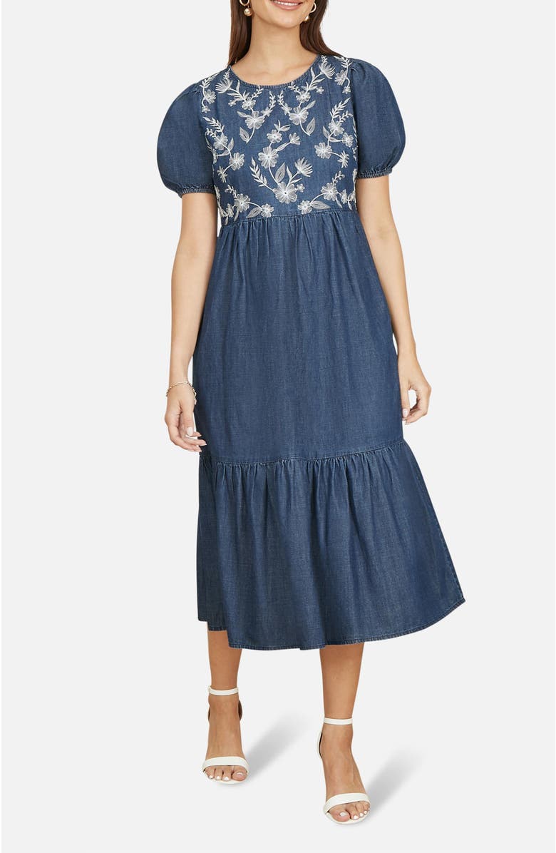 Yumi Floral Embroidered Puff Sleeve Dress, Alternate, color, Blue