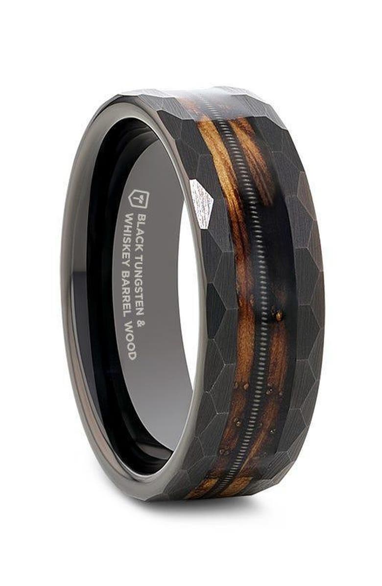 Larson Jewelers Riff Barrel Wood Tungsten Wedding Band, Main, color, Black / Brown