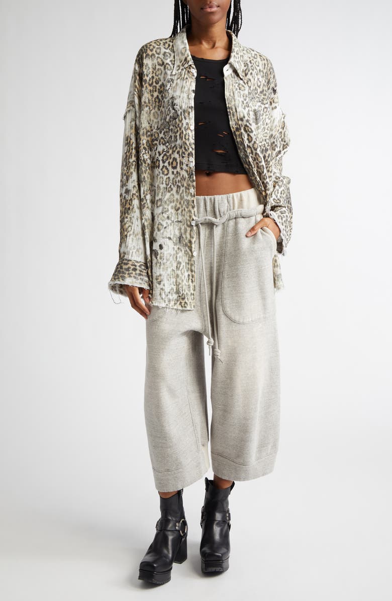 R13 Shredded Seam Drop Neck Leopard Print Button-Up Shirt, Alternate, color,