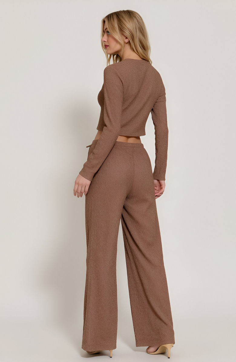 Modenaire Ribbed Long Sleeve Crop Top and Wide Leg Lounge Pants Set with Drawstring, Alternate, color, Brown