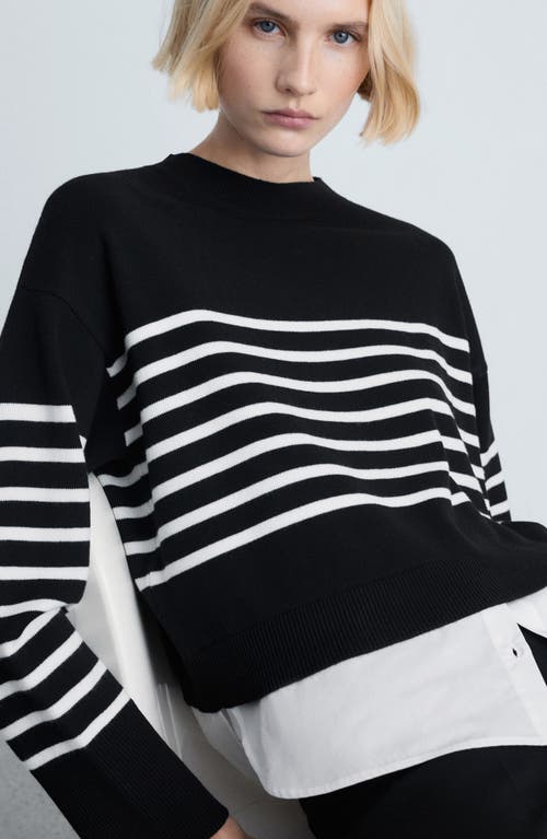 Shop Mango Mixed Media Layered Crewneck Sweater In Black