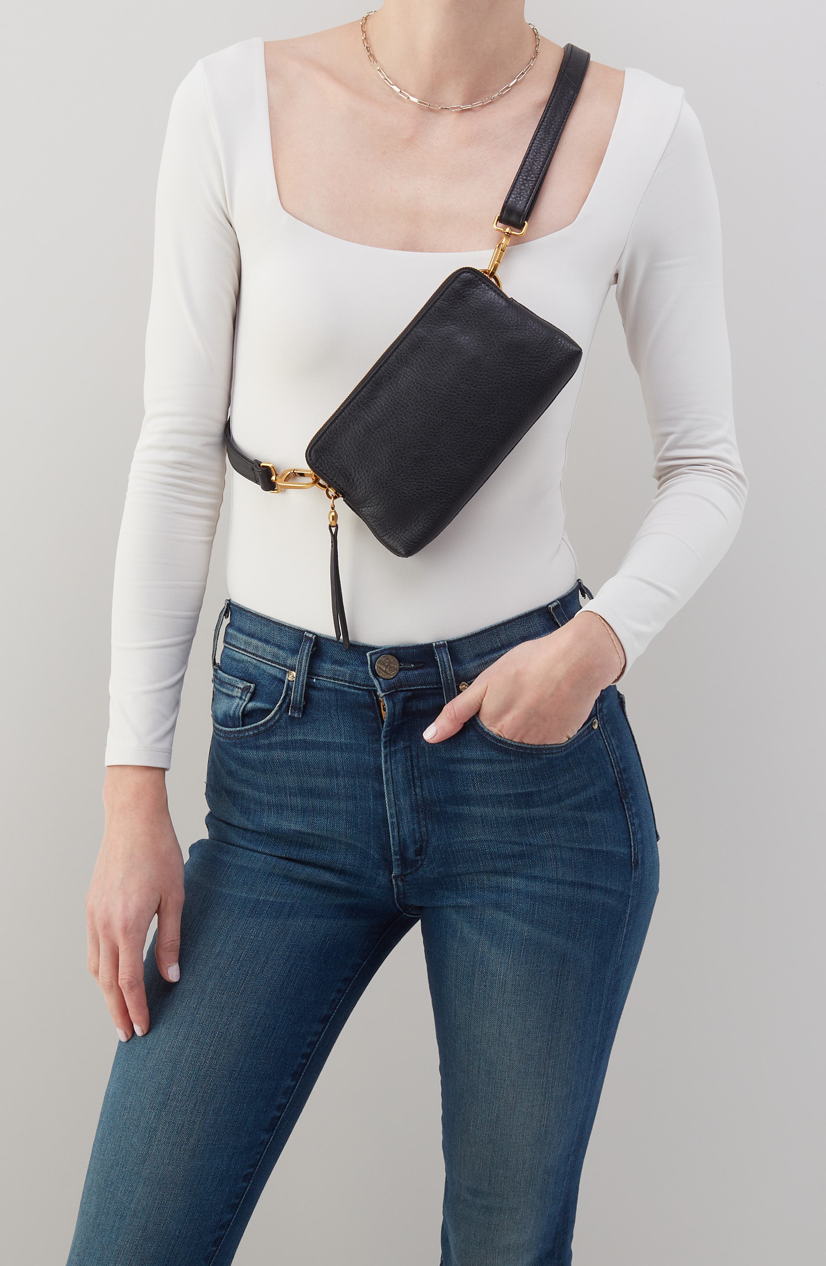 HOBO Slim Fern Leather Belt Bag, Alternate, color, Black