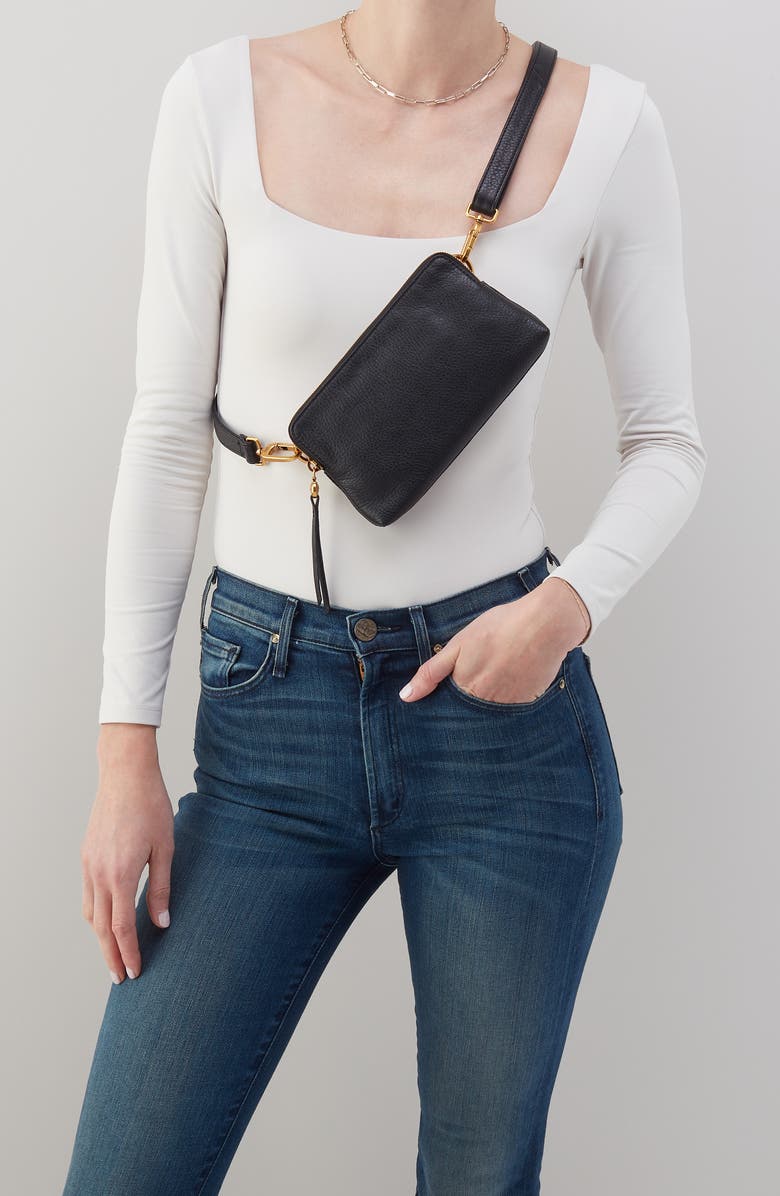 HOBO Slim Fern Leather Belt Bag, Alternate, color, Black