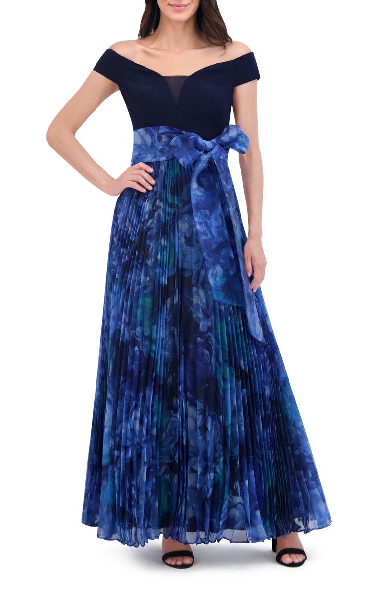 Eliza J Pleated Off the Shoulder Gown, Main, color,